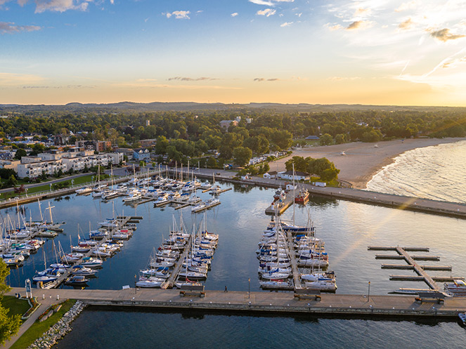 Drone view of Cobourg's Victoria Beach in summer